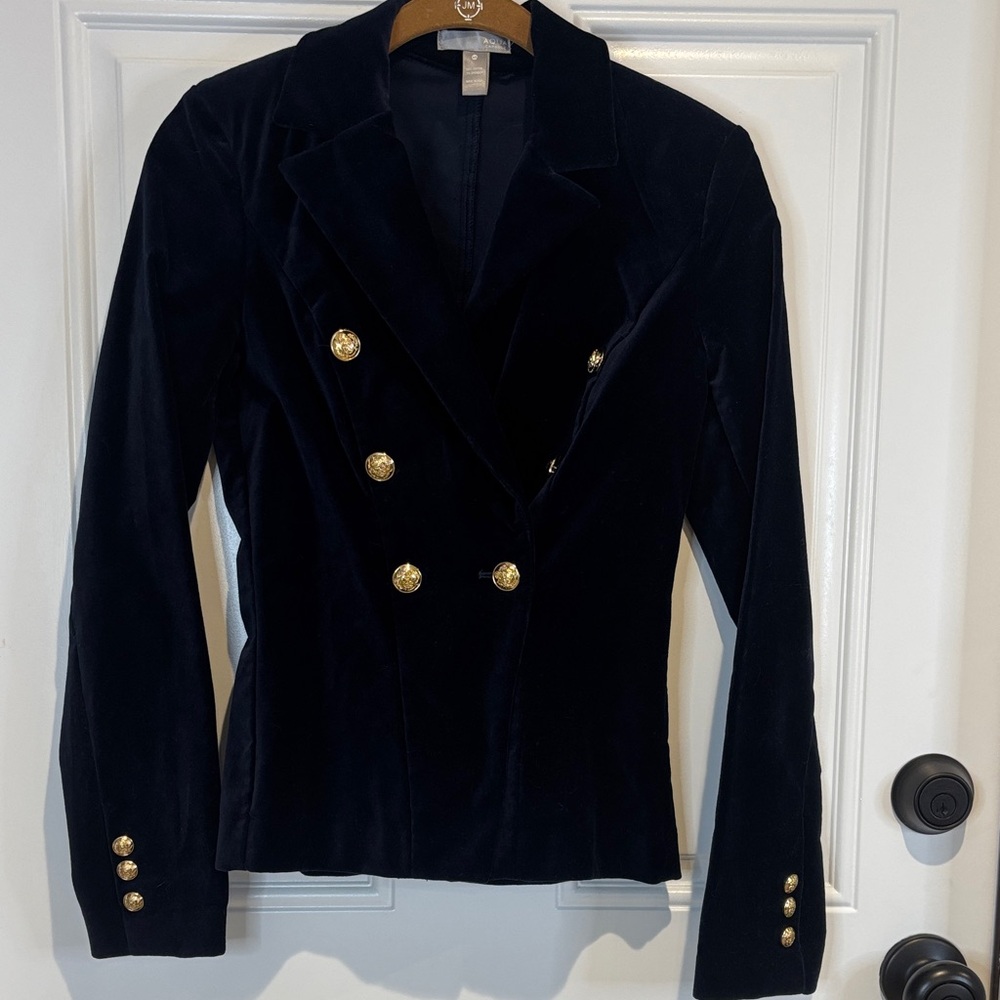 AQUA Navy Blue Velvet Double Breasted Blazer Jacket Gold Buttons Nautical Sz XS